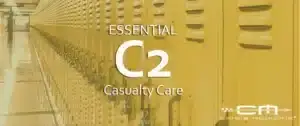Crisis Medicine Essential Casualty Care course illustrator shows a row of yellow lockers in a school hallway in support of teaching educators, staff, and age-appropriate students TECC principles to care for casualties in high risk environments
