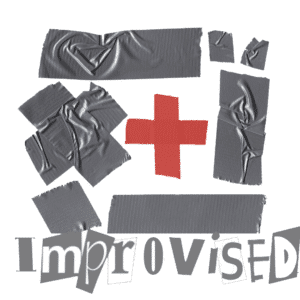 Improvised TECC logo showing a Red Cross surrounded by duct tape. / 100 mile an hour tape