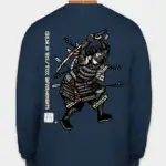 Crisis Medicine Tactical CBRN Tshirts with a Samurai, sword overhead bloodied and injured, fighting with a gas mask on.