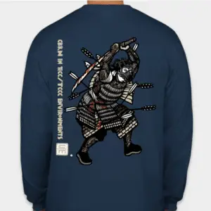 Crisis Medicine Tactical CBRN Tshirts with a Samurai, sword overhead bloodied and injured, fighting with a gas mask on.