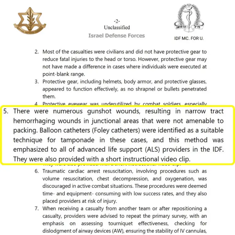 The second page of the Israel Defense Forces Unclassified Report Medical Corps HQ Lessons learned from the 2023 Hamas-Israel War, First Week Summary, highlighting bullet point 5 regarding narrow tract wounds