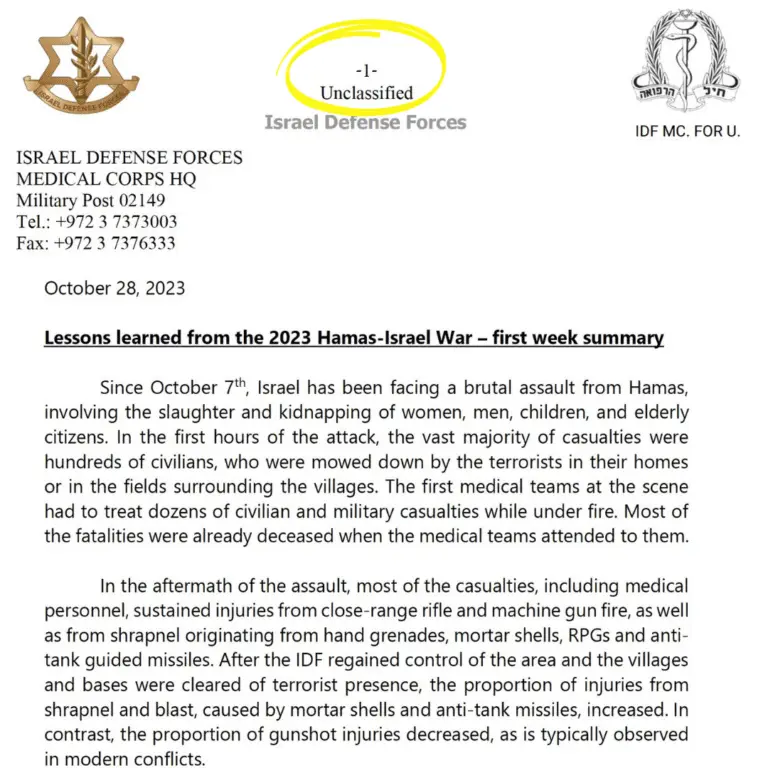 Israel Defense Forces Unclassified Report Medical Corps HQ Lessons learned from the 2023 Hamas-Israel War, First Week Summary