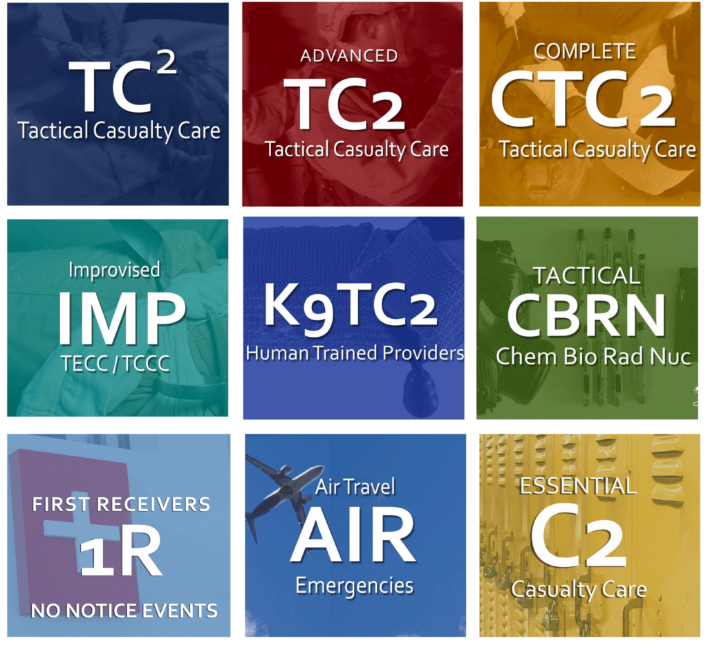 A grid showing Crisis Medicine's online TECC & TCCC classes