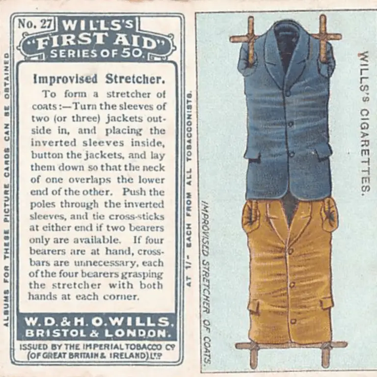 Willlis Cigarette First Aid Cards describing an improvised stretcher using jackets
