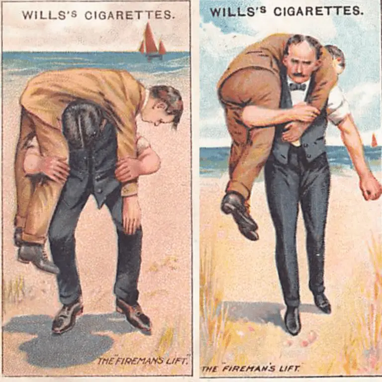 Willlis Cigarette First Aid Cards demonstrating the fireman's lift (now not recommended due to likelihood of back injury)