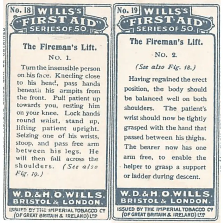 Willlis Cigarette First Aid Cards describing the fireman's carry (which is not recommended for most people)