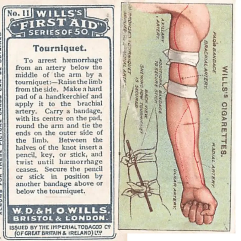 Willlis Cigarette First Aid Cards describing an improvised tourniquet