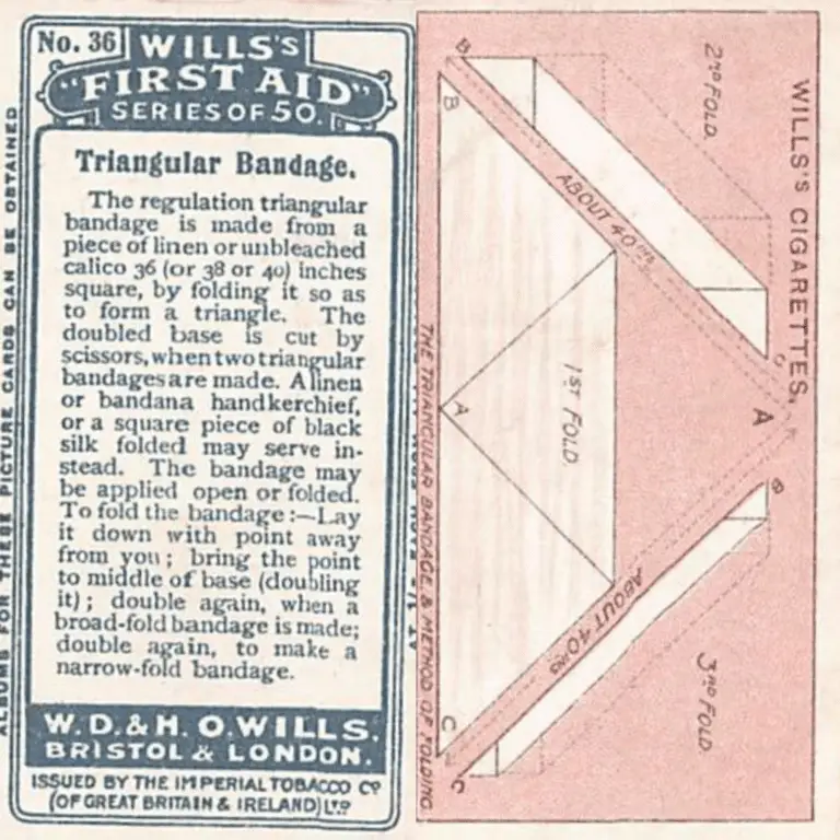 Willlis Cigarette First Aid Cards describing the use of a triangular bandage