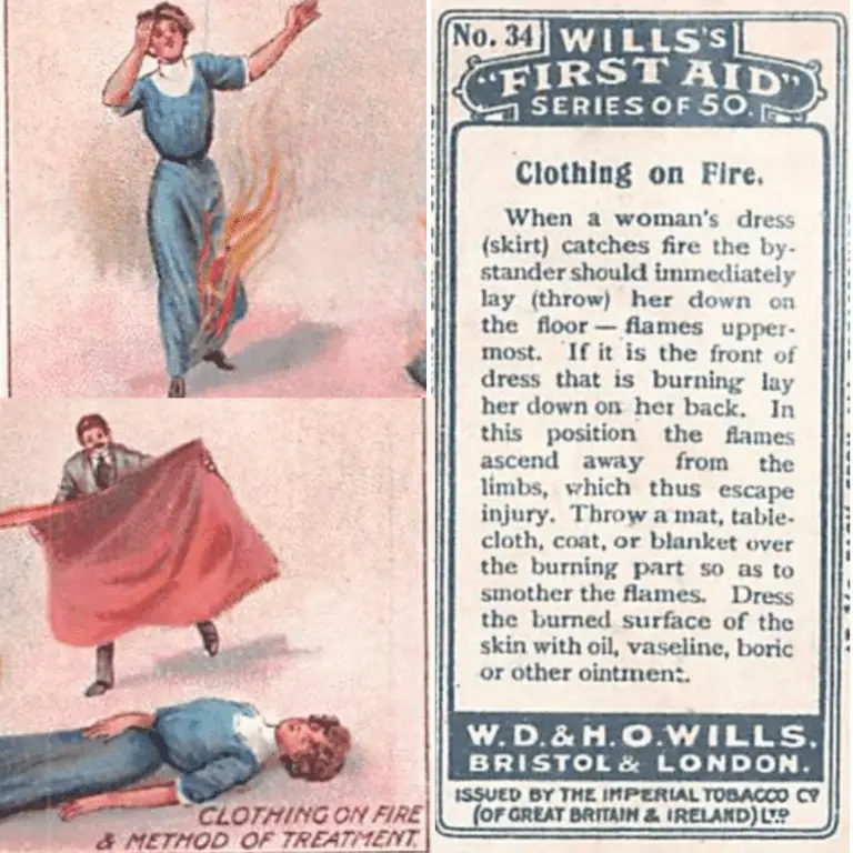 Willlis Cigarette First Aid Cards describing life saving when clothing is on fire