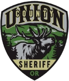 Union County Oregon Sheriff's patch with a moose in the center surrounded by a green mountain and fir trees