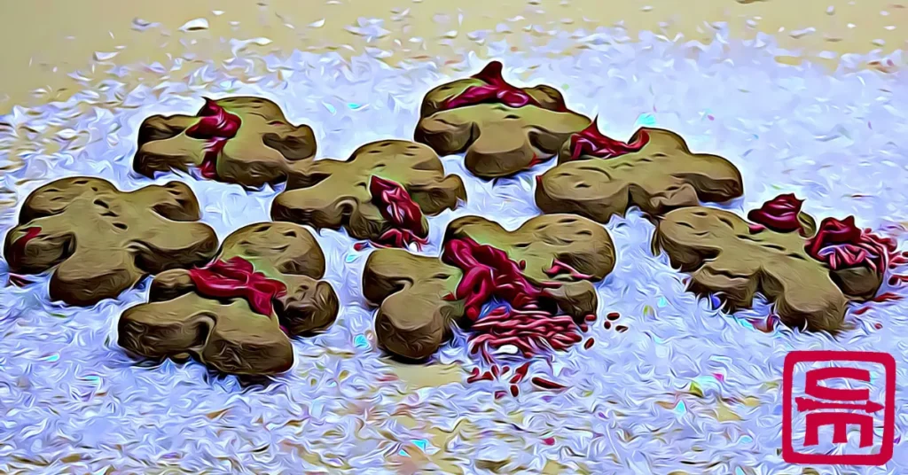 A cartoonized gingerbread mass casualty with red frosting & sprinkle covered broken gingerbread cookies laying in snow
