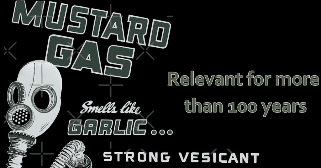 An WW2 poster with a cartoon of a gas mask with the phrase "smells like garlic... Strong vesicant"