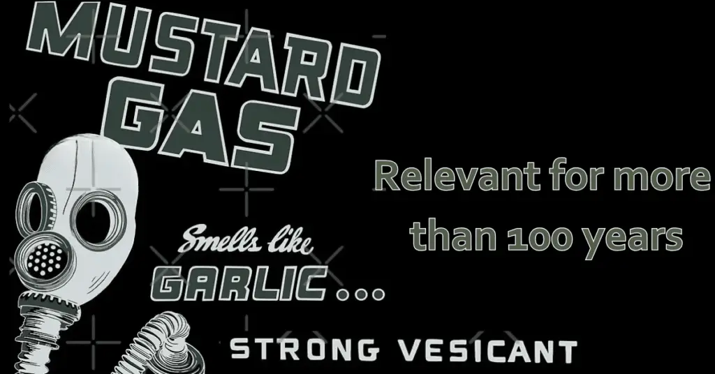 An WW2 poster with a cartoon of a gas mask with the phrase "smells like garlic... Strong vesicant"