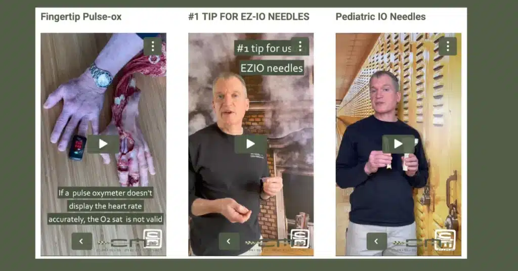 A screenshot showing 3 vertical orientation videos of Mike Shertz, MD-18D teaching some quick tips for TECC/TCCC training