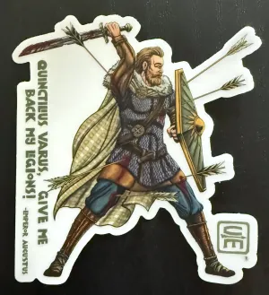 A Germanic tribesman with the quote “Quinctilius Varus, give me back my legions!” in honor of the battle of Teutoburg Forest. The warrior has a sword raised overhead and he and his shield have been shot with arrows, like all Crisis Medicine logos.