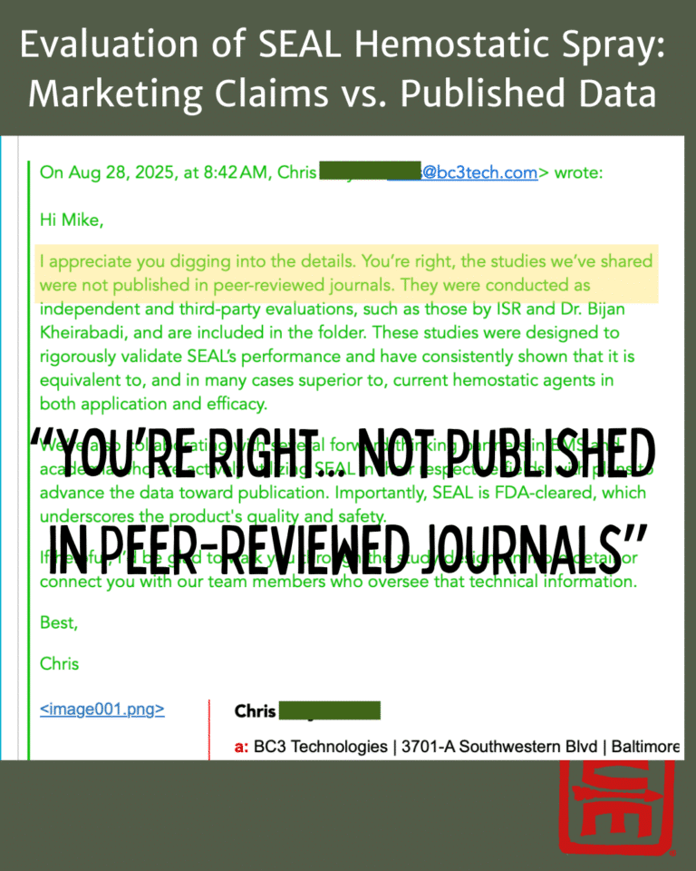Evaluation of SEAL Hemostatic Spray: Marketing Claims vs. Published Data, a copy of an email from BC3 confirm gin they have no peer reviewed published literature