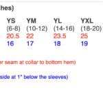 The size guide for Glidan T-shirts