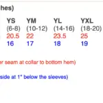 The size guide for Glidan T-shirts