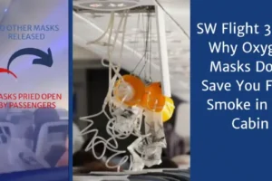 A photo showing the aftermath of passengers forcibly prying down O2 masks on a flight due to smoke. They didn't understand it would not help them
