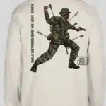 During the Vietnam war, Army Special Forces soldiers assigned to MACV-SOG carried out some of the most dangerous missions of the conflict. This photo shows the back of a T-shirt with a MACV-SOG soldier (shot with Crisis Medicine arrows) throwing a grenade with the tag line" Knee Deep in Hand Grenade Pins"