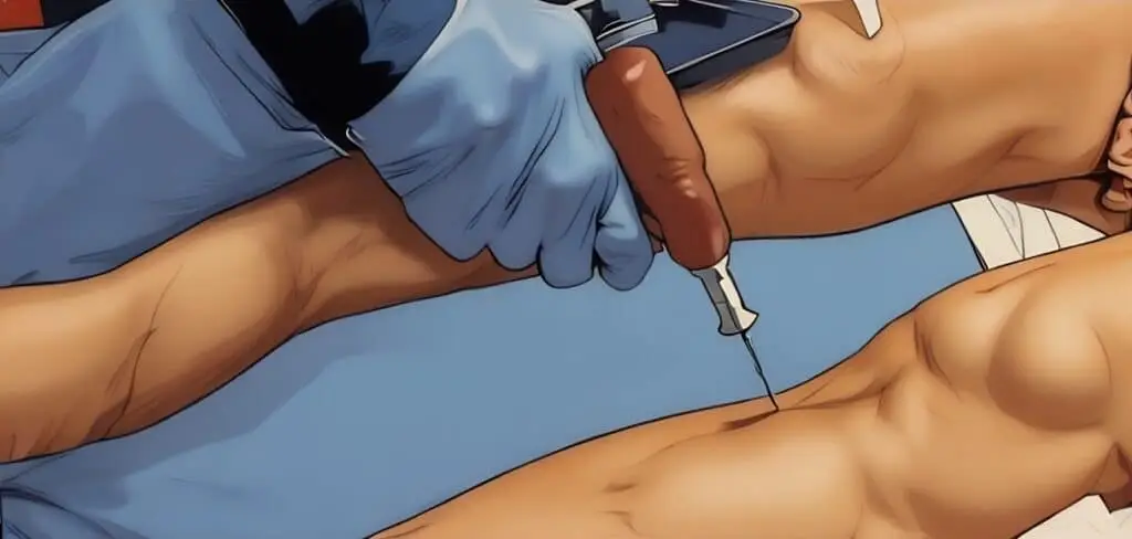 A cartoon of an IO drill being used to insert an IO needle into a tibial placement