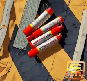 Airline Survival Kit Flares displayed on the black and yellow life raft with reflective stripes