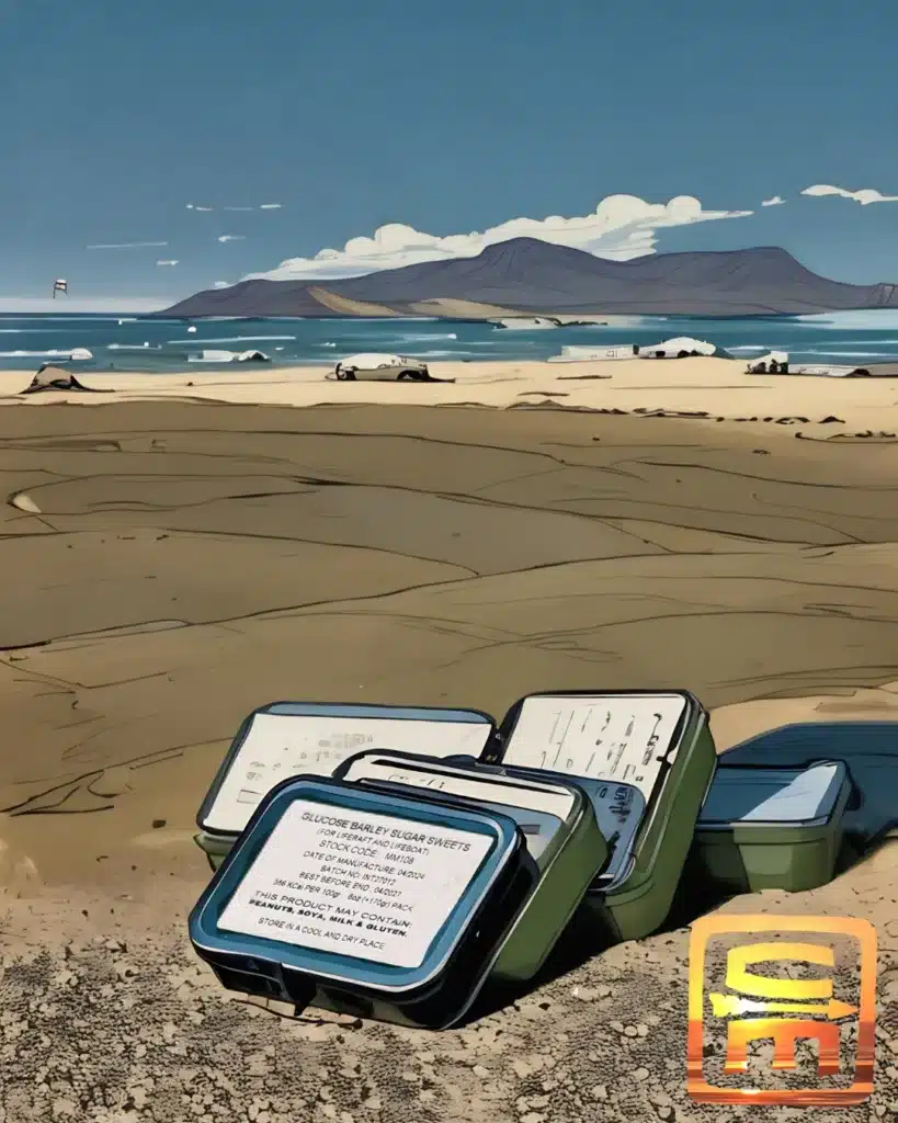 Airline Survival Kit Glucose Barley Sweets on a sandy beach with blue waves and another island in the background