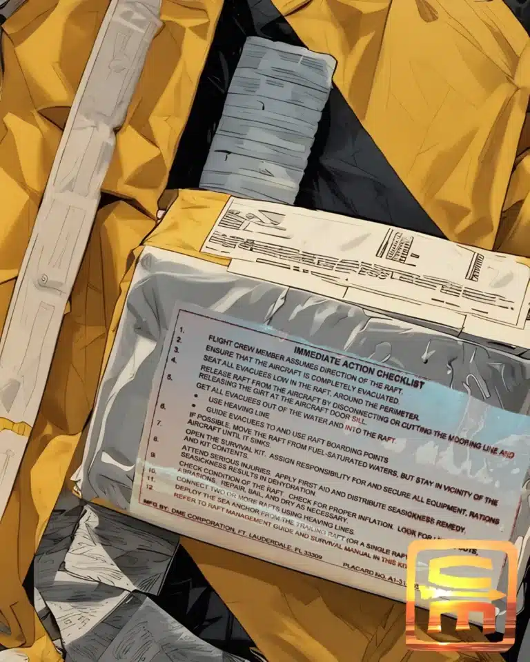Airline Survival Kit immediate action checklist on a life raft background of striking black and yellow
