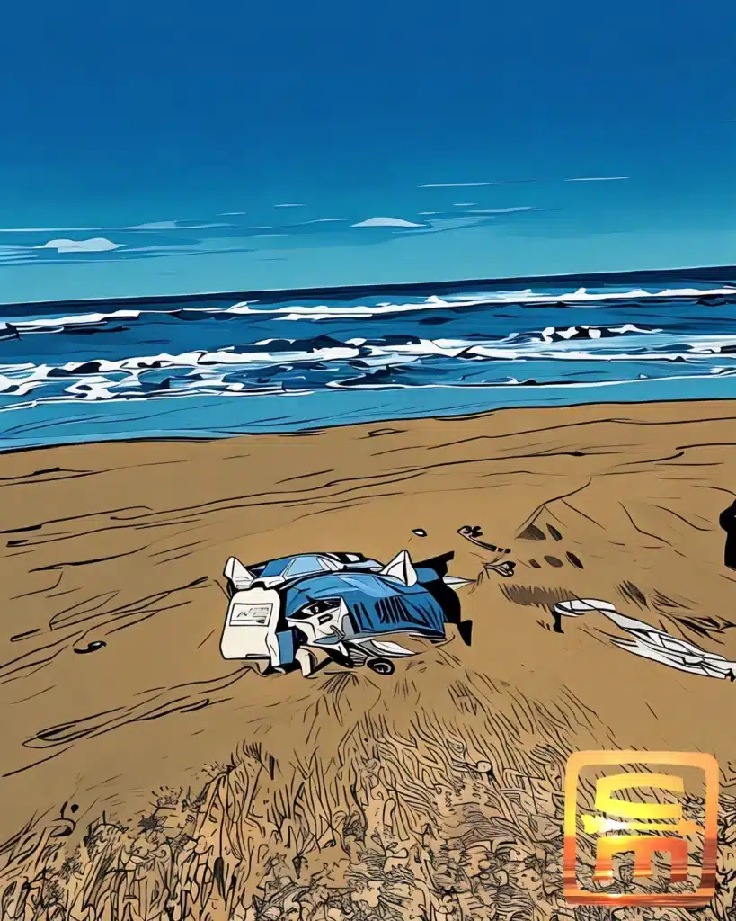 Airline Survival Kit emergency water packs on a beach with blue ocean in the background