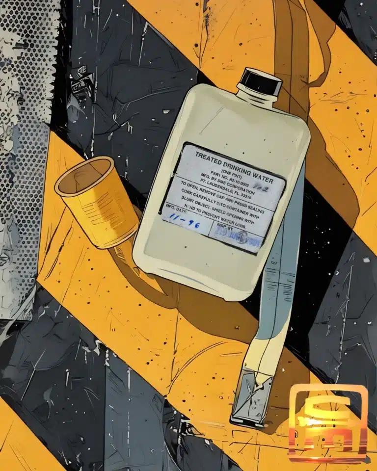 Airline Survival Kit Water Flask and measure cup on a life raft background of striking black and yellow