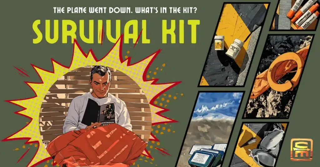 The cover of a spoof graphic novel titled, "the plane went down, what's in the kit? Survival Kit" with a cartoonized version of Dr. Shertz reading Robinson Crusoe and some additional photos of survival equipment from the kits