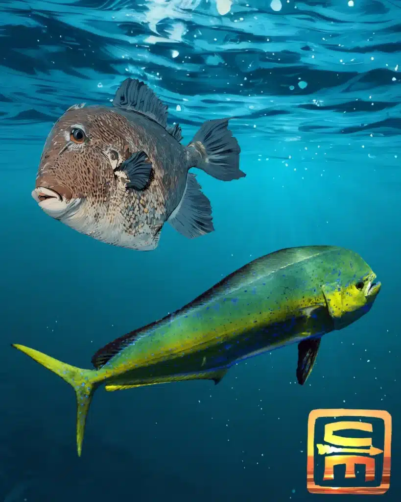 A trigger fish and dorado fish swimming in the sea