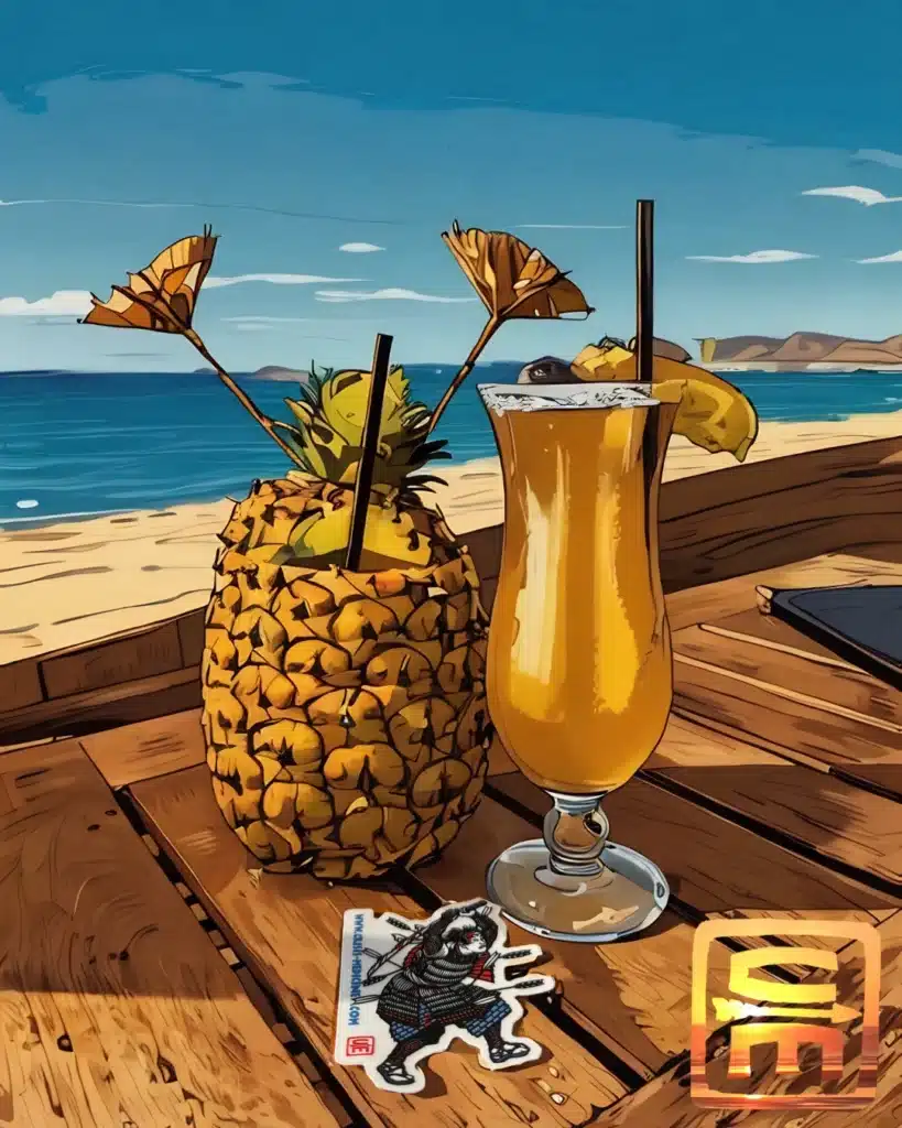 a wooden table with tiki cocktails on it and a pristine ocean behind it. One of the cocktails is served in a pineapple