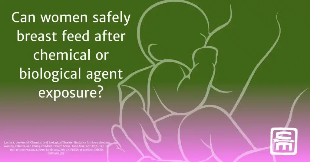 A green to pink gradient showing an outline of a breastfeeding child with the text, "Can women safely breast feed after chemical or biological agent exposure?"