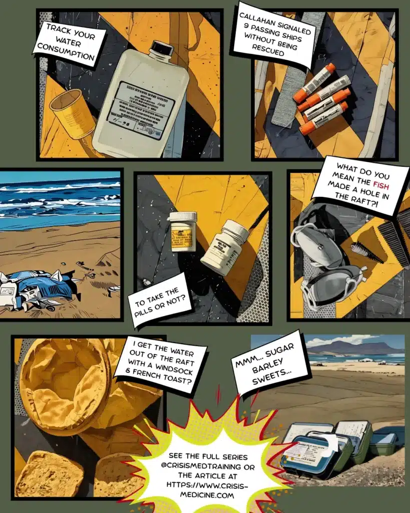A second page from a spoof graphic novel showing a water flask to track consumption, flares, seasickness pills, raft repair supplies, water bailing and sponges, and sugar barley sweets
