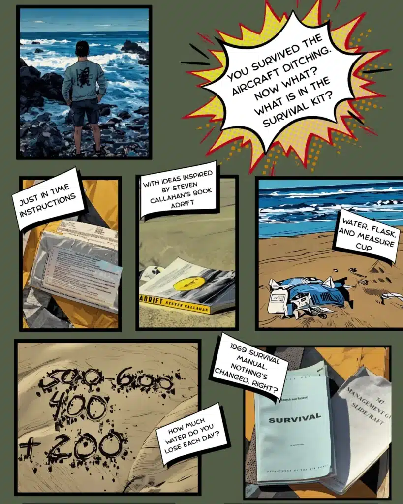 A page from a spoof graphic novel titled, saying "you survived the aircraft ditching. Now what? What's in the survival kit," with photos of just in time instructions, water, flask, and measure cup, the cover of Steven Callahan's book "Adrift" that inspired this series, math written in sand showing how much water you loose each day, and a 1969 survival manual