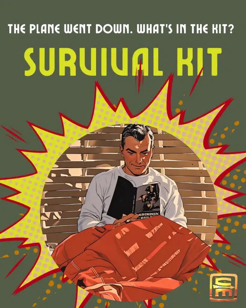 The cover of a spoof graphic novel titled, "the plane went down, what's in the kit? Survival Kit" with a cartoonized version of Dr. Shertz reading Robinson Crusoe