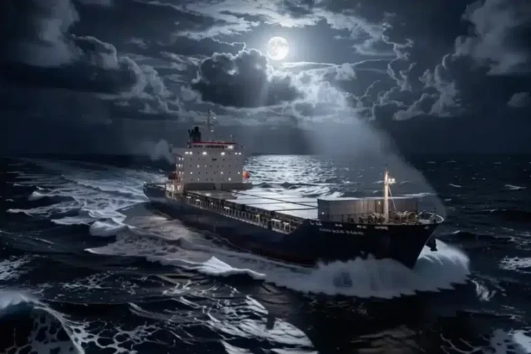 An AI generated cargo ship on a tumultuous ocean under a full moon