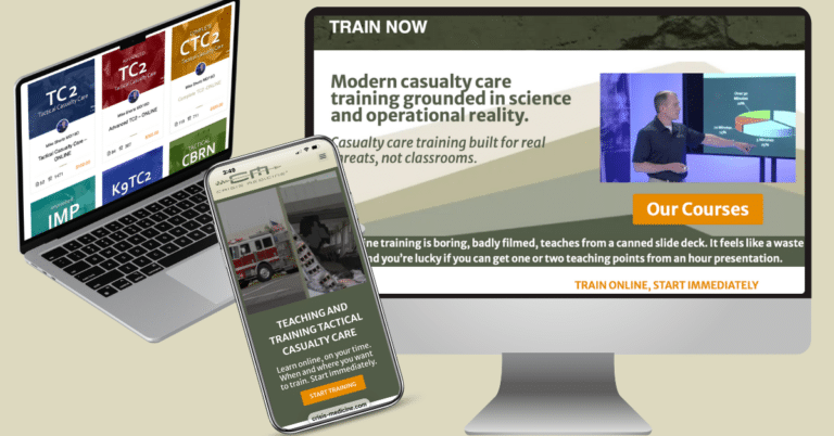 An illustration showing a laptop, iPhone, and computer screen with Crisis Medicine online classes