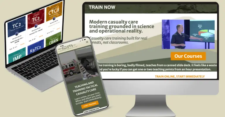 An illustration showing a laptop, iPhone, and computer screen with Crisis Medicine online classes