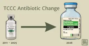 A graphic asking why Co-TCCC changed antibiotics with a vial of ertapenem and ceftriaxone