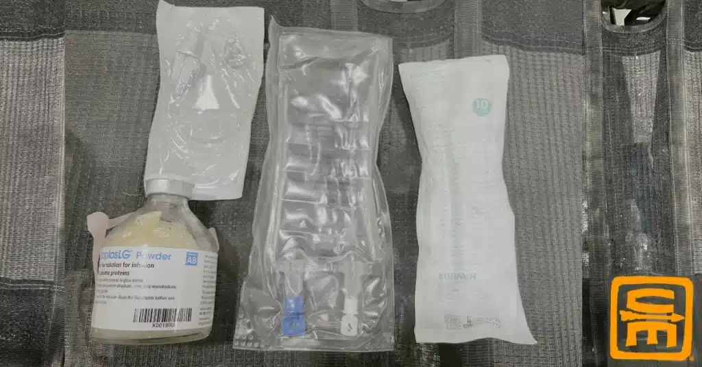 An Octaplas Freeze Dried Plasma kit laid out on a Talon litter.
