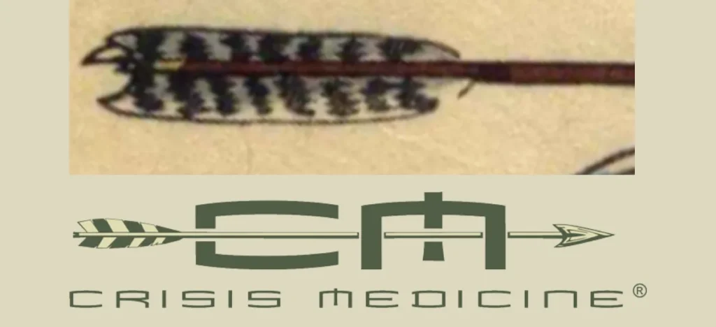 Arrow from Kuniyoshi No 37, and the Crisis Medicine logo with an arrow piercing it