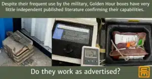 three images: a golden hour box in it's protective bag/cooler, a temperature reading on an open box, and a photo showing the blood contained in a golden hour box