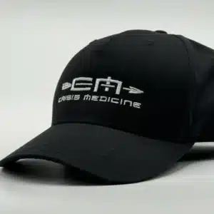 ¾ view of the Crisis Medicine logo'd hat, solid black with the logo embroidered in white