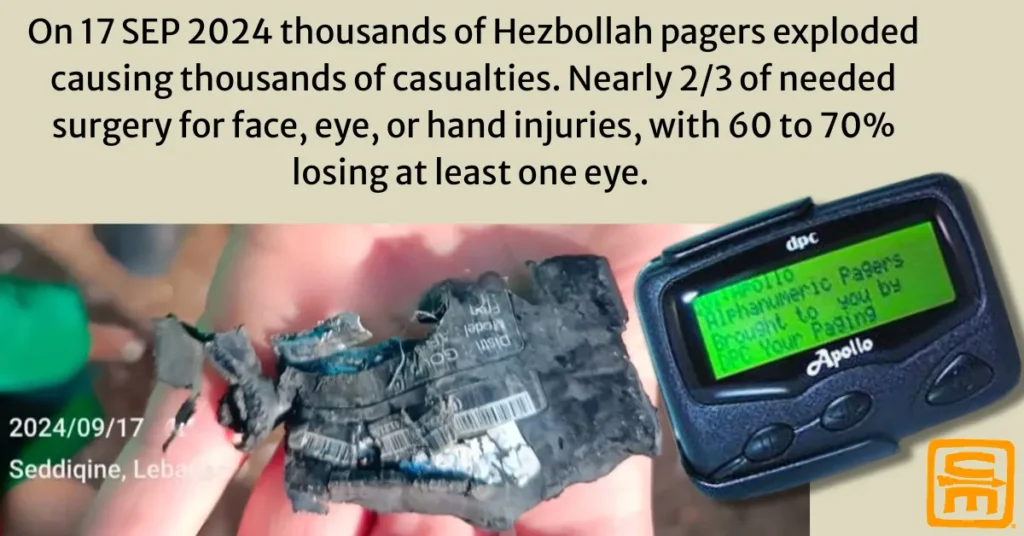 Two images, one showing a generic Apollo pager, the type used in the Hezbollah pager attack, and an exploded remnant of a pager