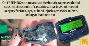 Two images, one showing a generic Apollo pager, the type used in the Hezbollah pager attack, and an exploded remnant of a pager