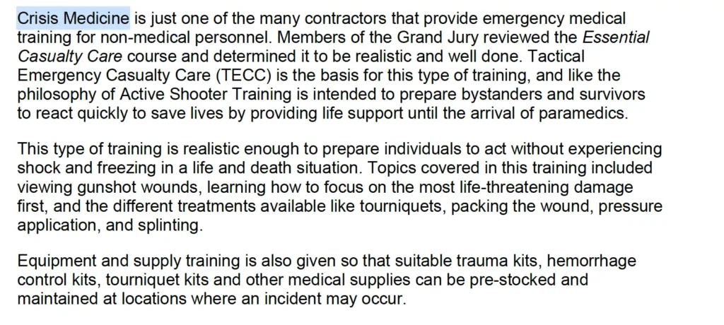 The text describing Crisis Medicine courses from the Orange County Grand Jury investigation into School Shooting Preparations 2022-23
