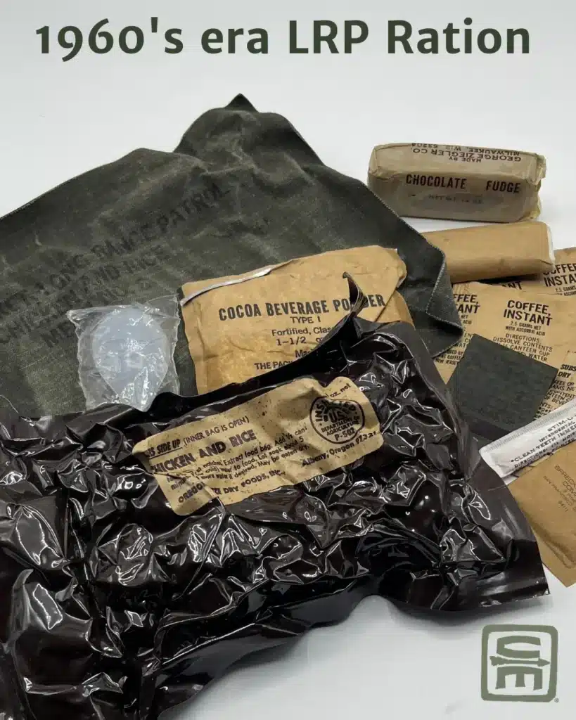 a photograph of an opened 1960s era Long Range Patrol ration