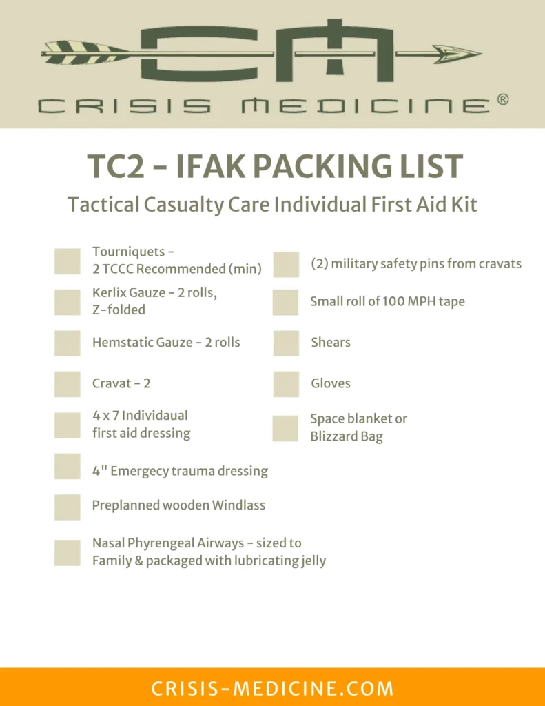 A checklist or packing list for a TC2 IFAK